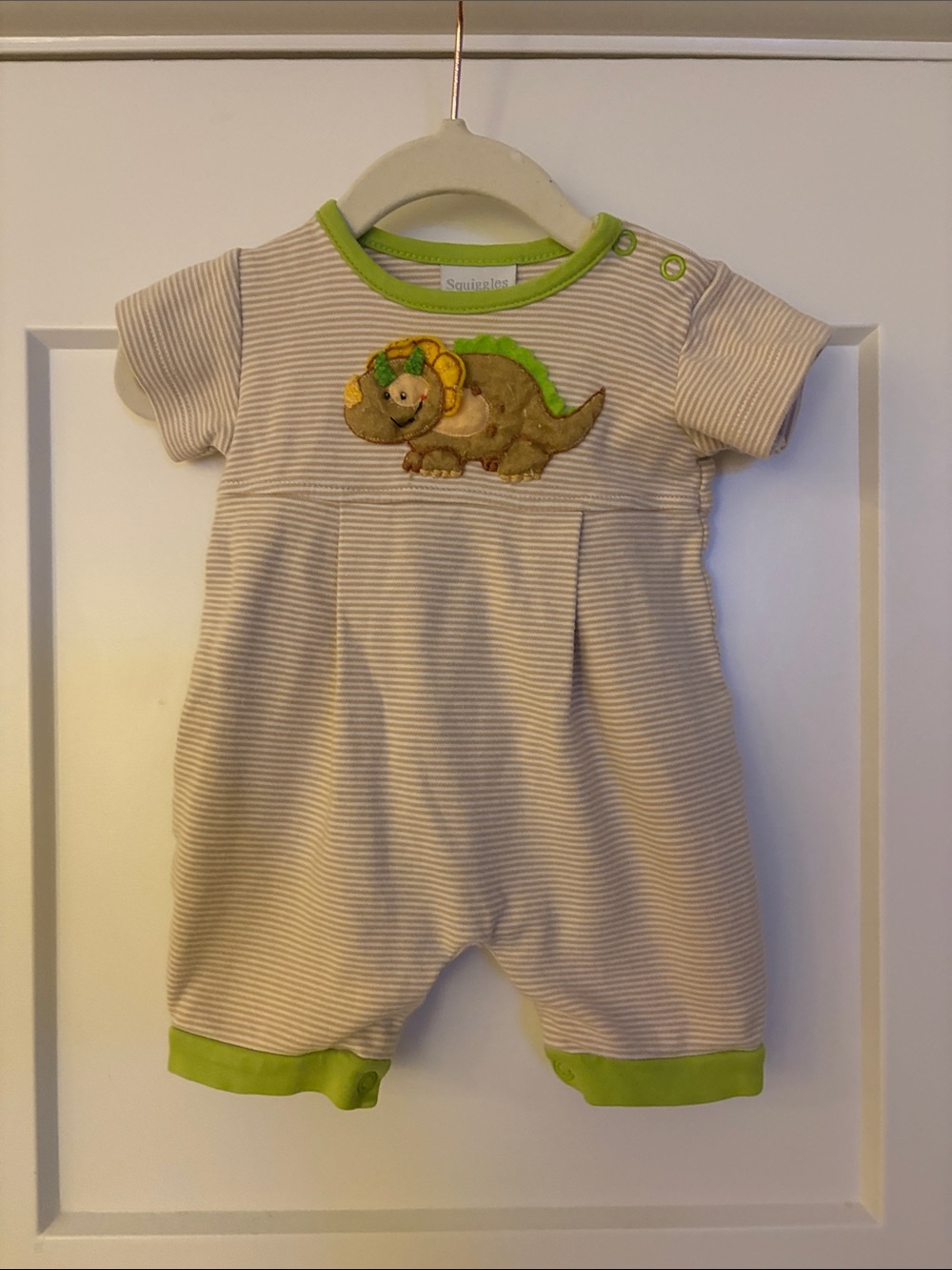 Squiggles by Charlie Striped Baby Romper with Dinosaur Applique 0-3 Months